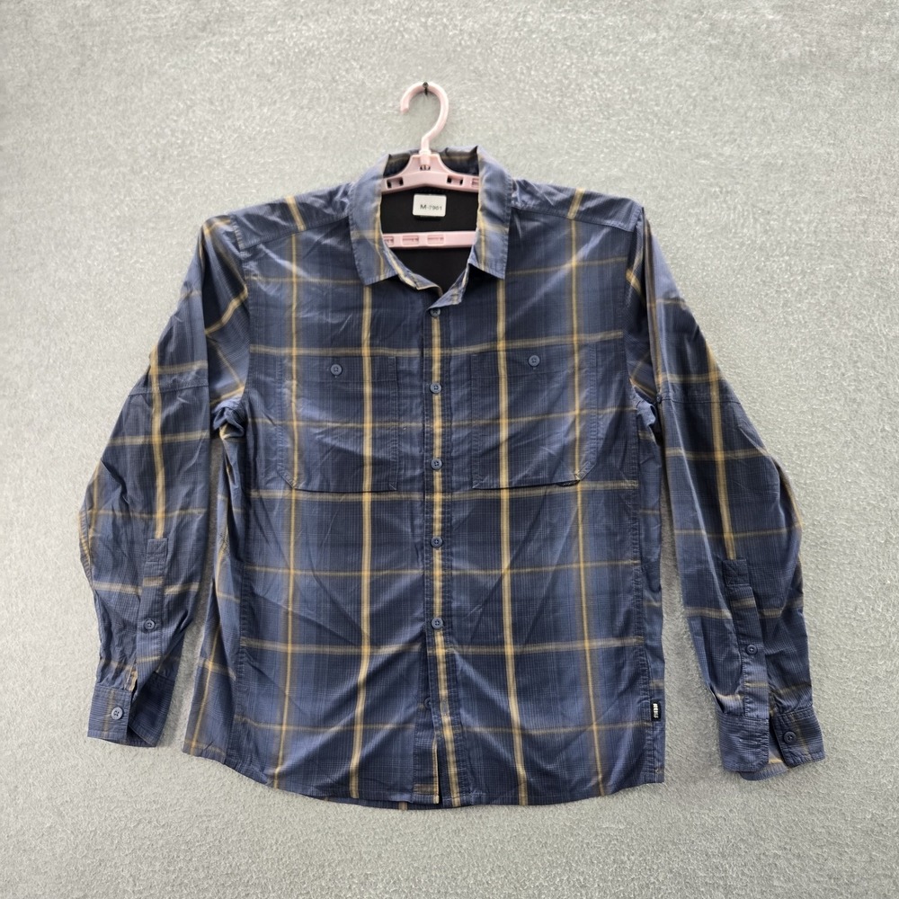 REI‎ Co-Op Men Button Up Shirt MEDIUM Blue Nylon Polyester Plaid Ripstop Fishing